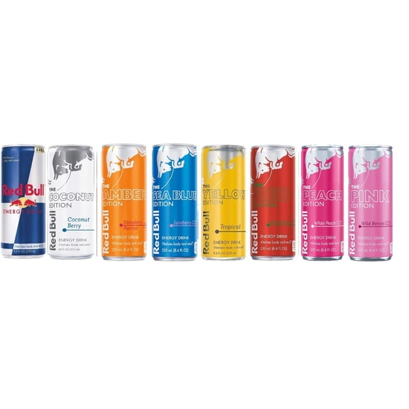 Red Bull Editions Variety Pack,8.4fl.oz. Pack of 24 : Red, Yellow, Amber, Blue, Green, Original , Coconut, Pink Editions.