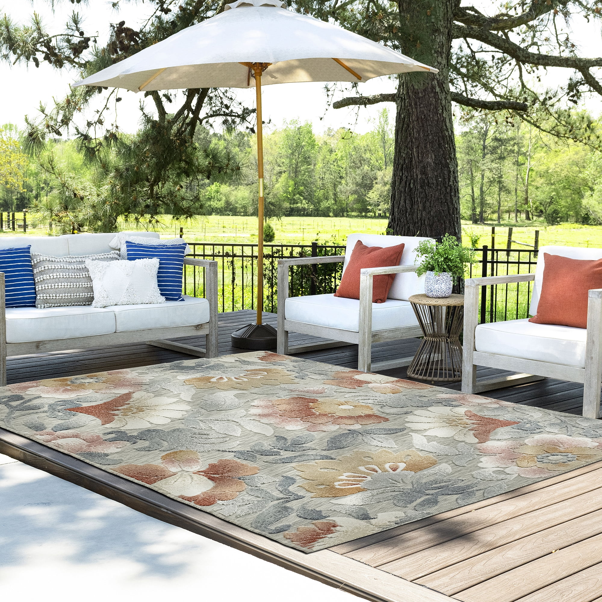 4x6 Water Resistant, Indoor Outdoor Rugs for Patios, Front Door Entry, Entryway, Deck, Porch, Balcony | Outside Area Rug for Patio | Gray, Floral | Size: 3'10'' x 5'3''
