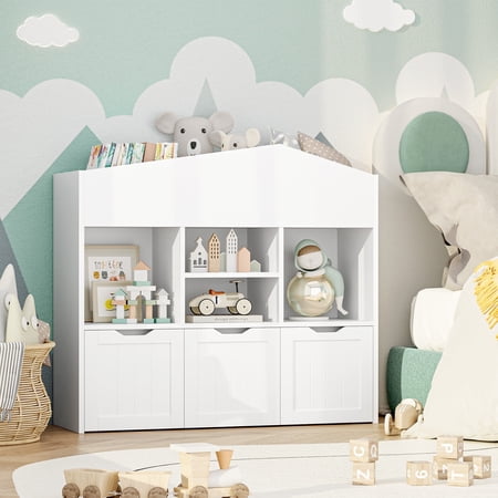 Homfa 3-in-1 Kids Toy Storage Cabinet Bookshelf with 3 Drawers, 39.4"L x 12.8"W x 35.4"H Sturdy Toy Organizer Kids Room, White