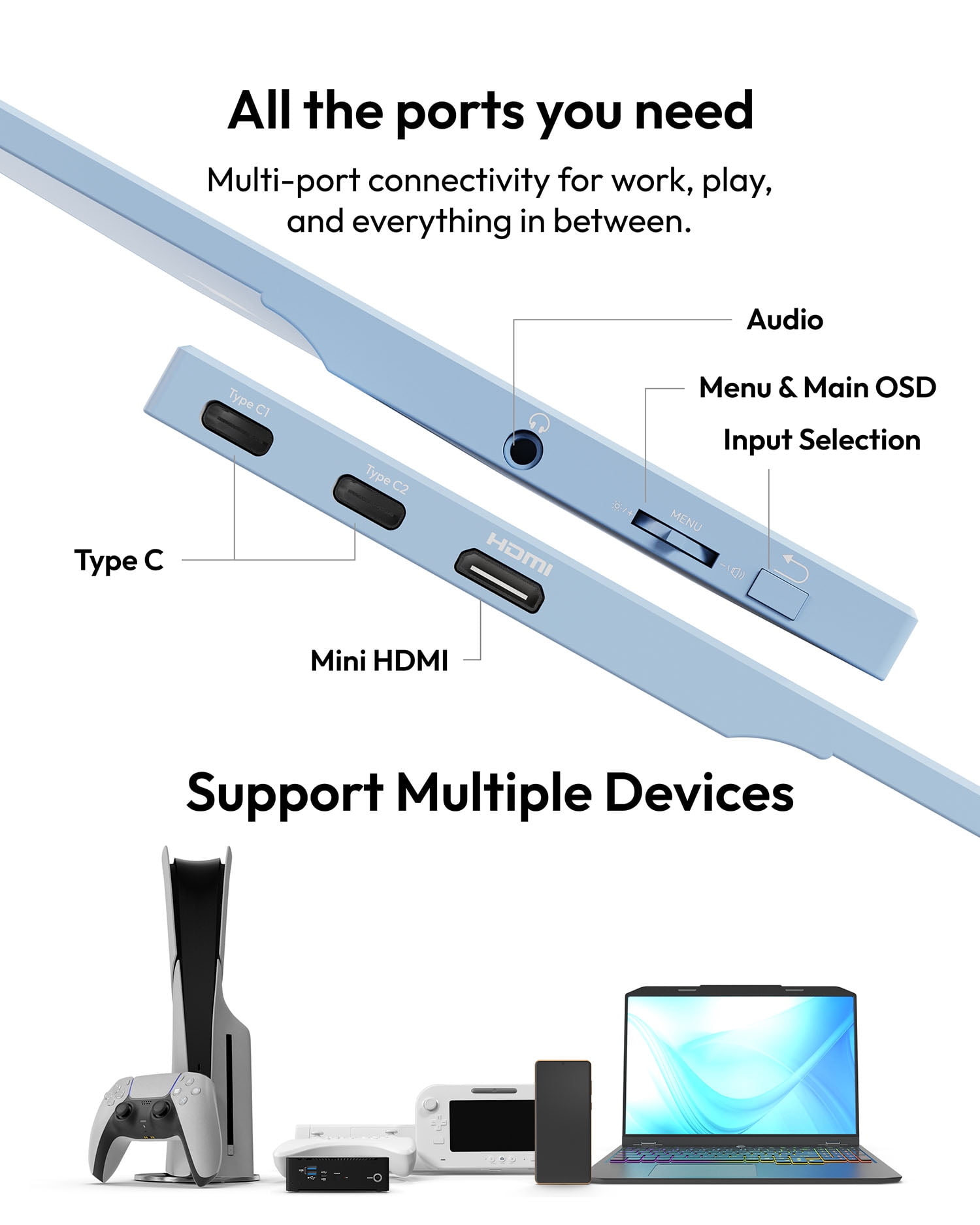 Pixio PX160 Wave Blue Portable Monitor 15.6 inch 60Hz Refresh Rate FHD 1080p Resolution IPS panel HDR Screen Cover Stand USB-C HDMI Display for Laptop, PC, Console, Phone