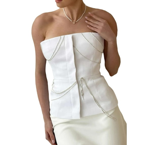 Arvbitana Women's Summer Basic Ribbed Crop Tops Slim Sleeveless Off-shoulder Tube Bustier Solid Color Metal Chain Tank Blouses for Daily Life