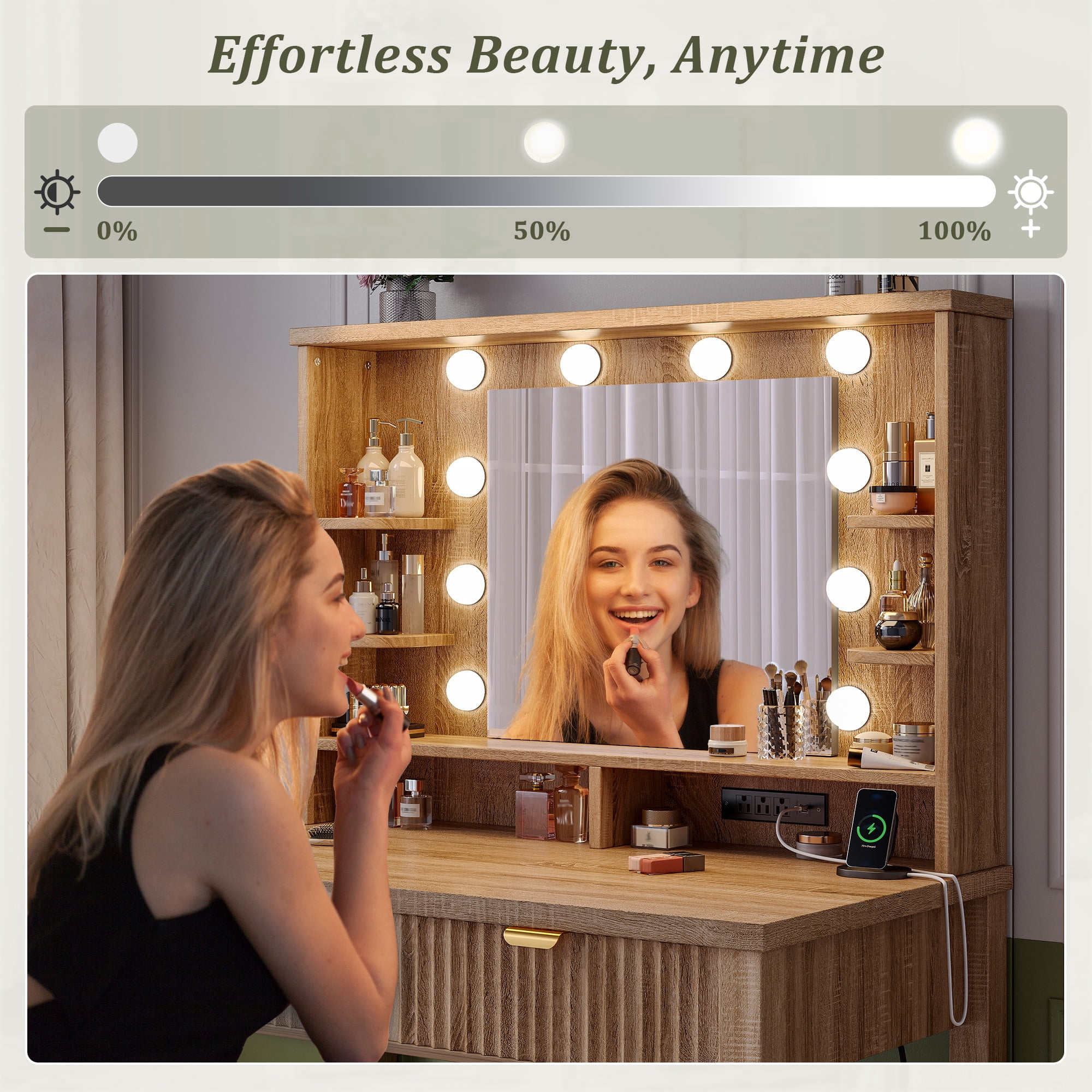 Vanity Desk with Storage Stool Fluted Dressing Table with Mirror and 3-Color Lights Vanity with 2 Large Drawers & Charging Station, Wood Color