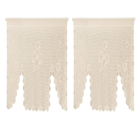 Beige Floral Lace Sheer Tie Up Curtain 39x39 Inch, Adjustable Drawstring Window Valance with Rod Pocket for Kitchen Bathroom Window