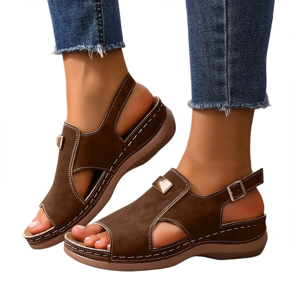 Women's Faux Suede Sandals with Arch Support Open Toe Sling Back Breach Sandal Casual Non Slip Walking Shoes Brown Size 8