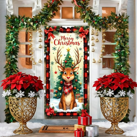 35 x 72 Inch Christmas Door Cover - Santa Claus Theme, Durable Polyester, Easy to Install, Festive Party & Holiday Decor