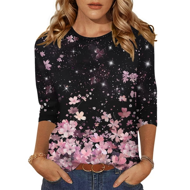 Camiseta Zeagoo con cuello redondo y estampado floral y manga 3/4 para mujer