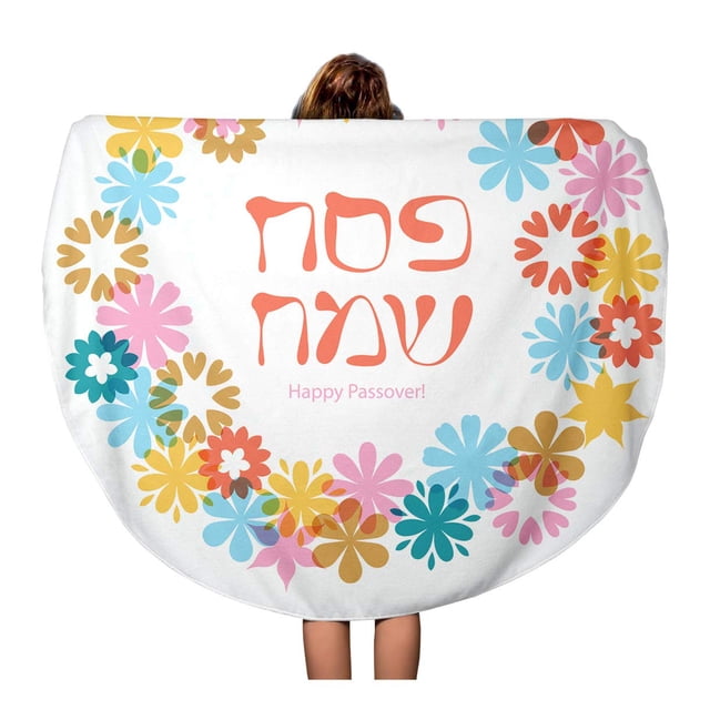 NUDECOR 60 Pouces Rond Serviette de Plage Couverture Printemps Heureux Passover Lettrage sur Abstrait Floral Fleurs Voyage Cercle Serviettes Circulaire Tapis Tapis Plage Jeter