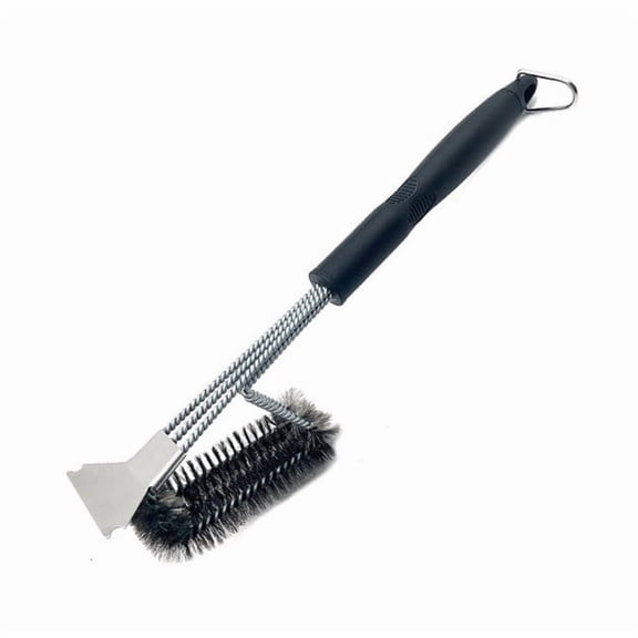 3-Head Stainless Steel Grill Brush, Long Handle BBQ Scrubber with Built-In Scraper, Heavy Duty Bristle Cleaning Tool for Grill Grates, Ovens, Barbecue Racks and Cookware