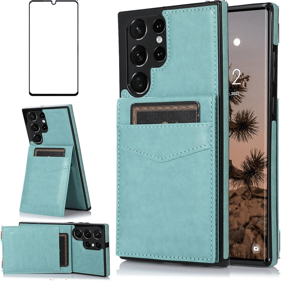 Asuwish Compatible with Samsung Galaxy S22 Ultra 5G Wallet Phone Case Tempered Glass Screen Protector and Wrist Strap Ring RFID Card Holder Cell Cover for S22ultra 22S S 22 S22ultra5g 6.8 Women Teal