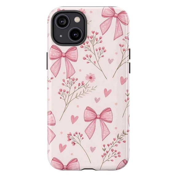 Delicate Pink Bow Phone Case, Baby’s Breath Flowers and Hearts, Kawaii Feminine Aesthetic Phone Cover for iPhone 16 15 14 13 12 11