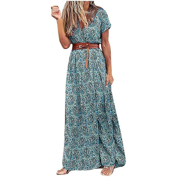 Plus Size Comfortable Short Sleeve V-Neck Floral Print Casual Day Dress For Women Everyday Wear Outfit Summer Maxi Dresses for Women Beach Vacation Clothes Long Floral Waist-Cinching Dress