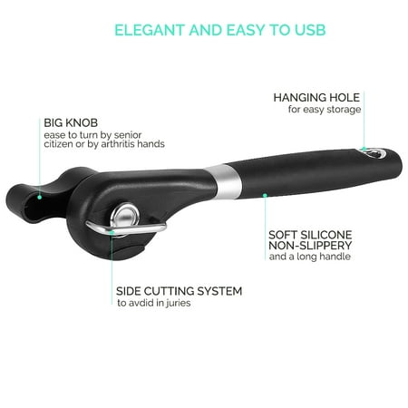 Food-Safe Stainless Steel Manual Professional Smooth Edge Safety Can Opener with Easy Turn Knob, Soft Comfortable Ergonomically Designed Anti Slip Grips Handle - Black