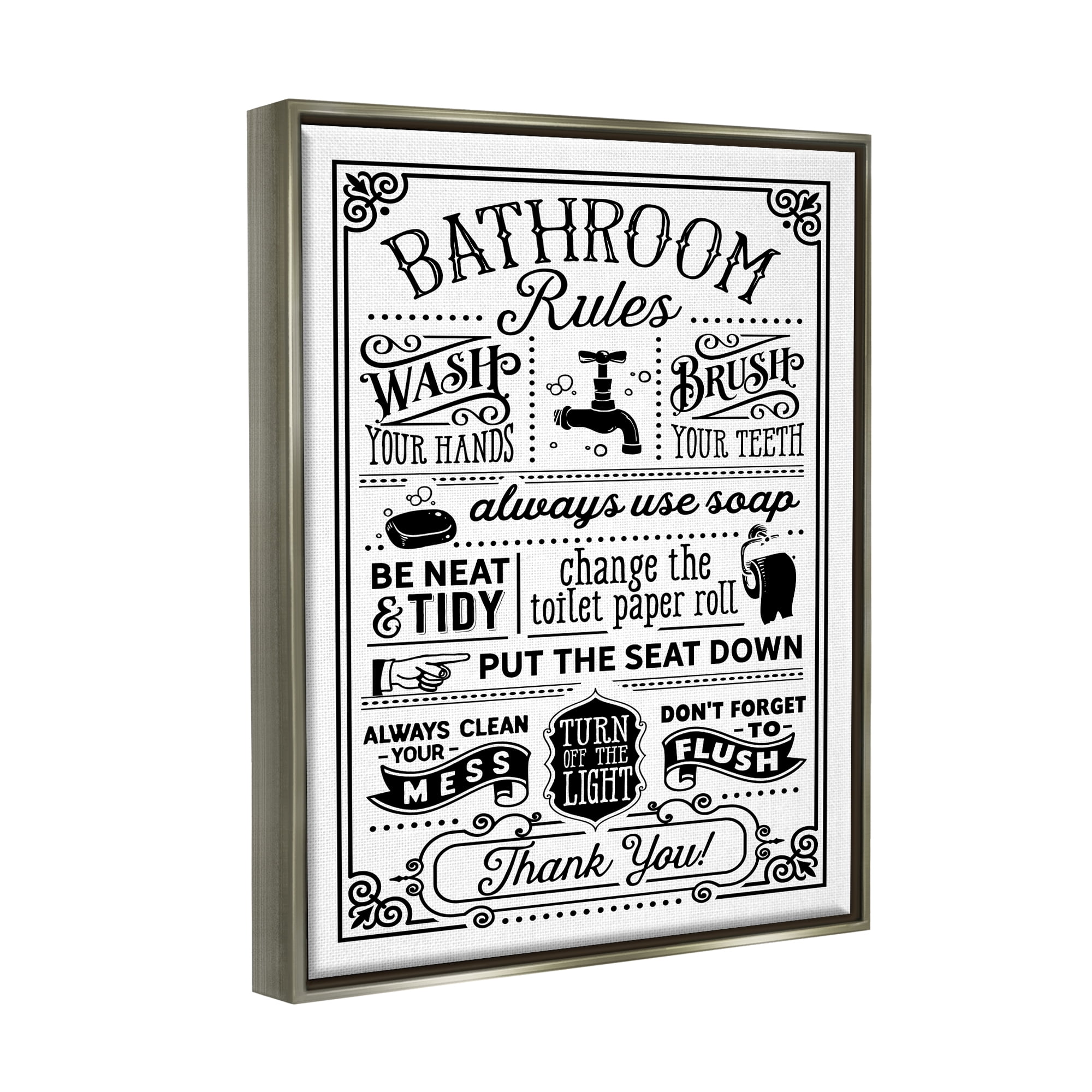 Stupell Industries Vintage Style Bathroom Rules Diagram List Border Graphic Art Luster Gray Floating Framed Canvas Print Wall Art, Design by Lettered and Lined