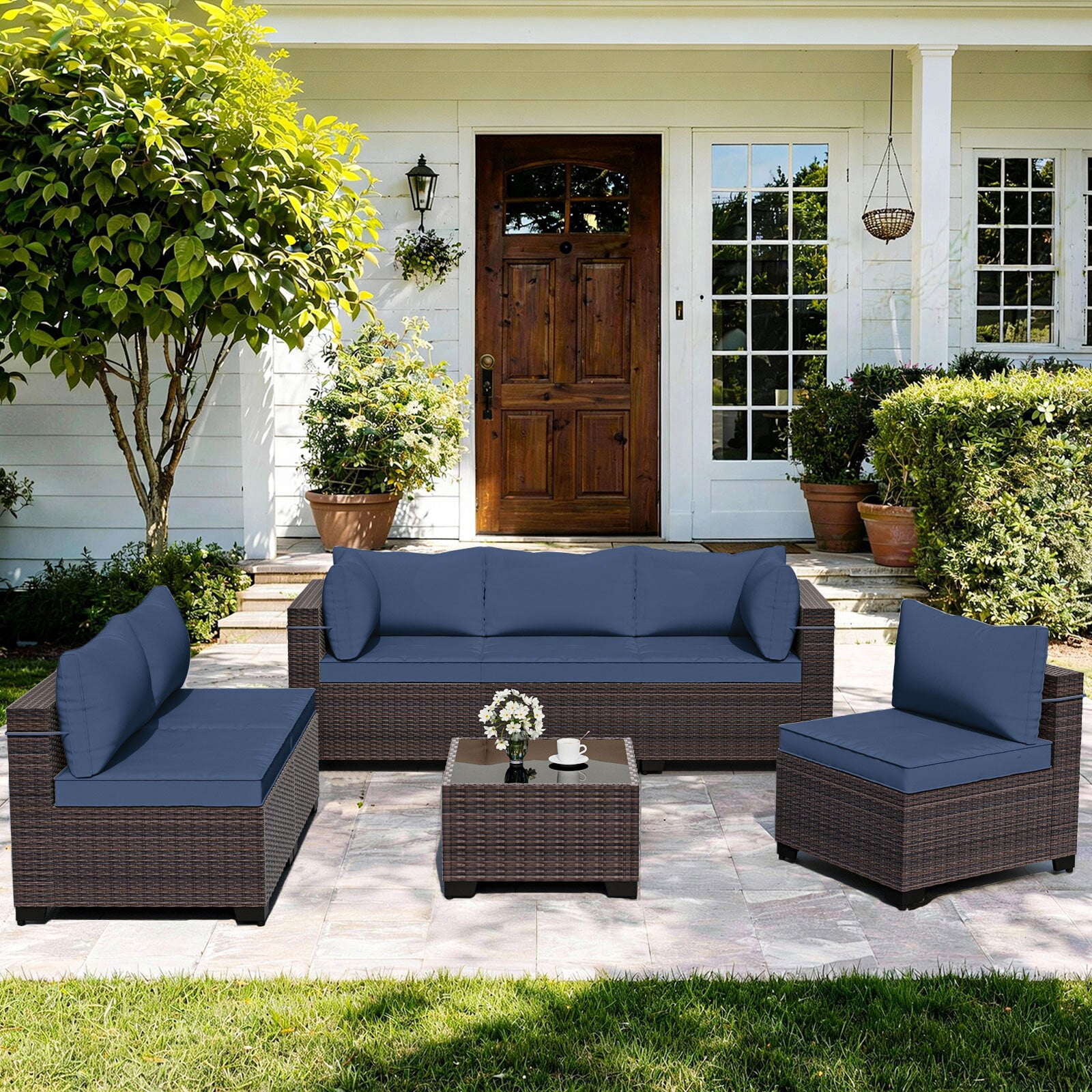 Gotland 7 Piece Outdoor Patio Furniture Set PE Rattan Wicker Patio Sectional Sofa Conversation Set Tempered Glass (Navy Blue)