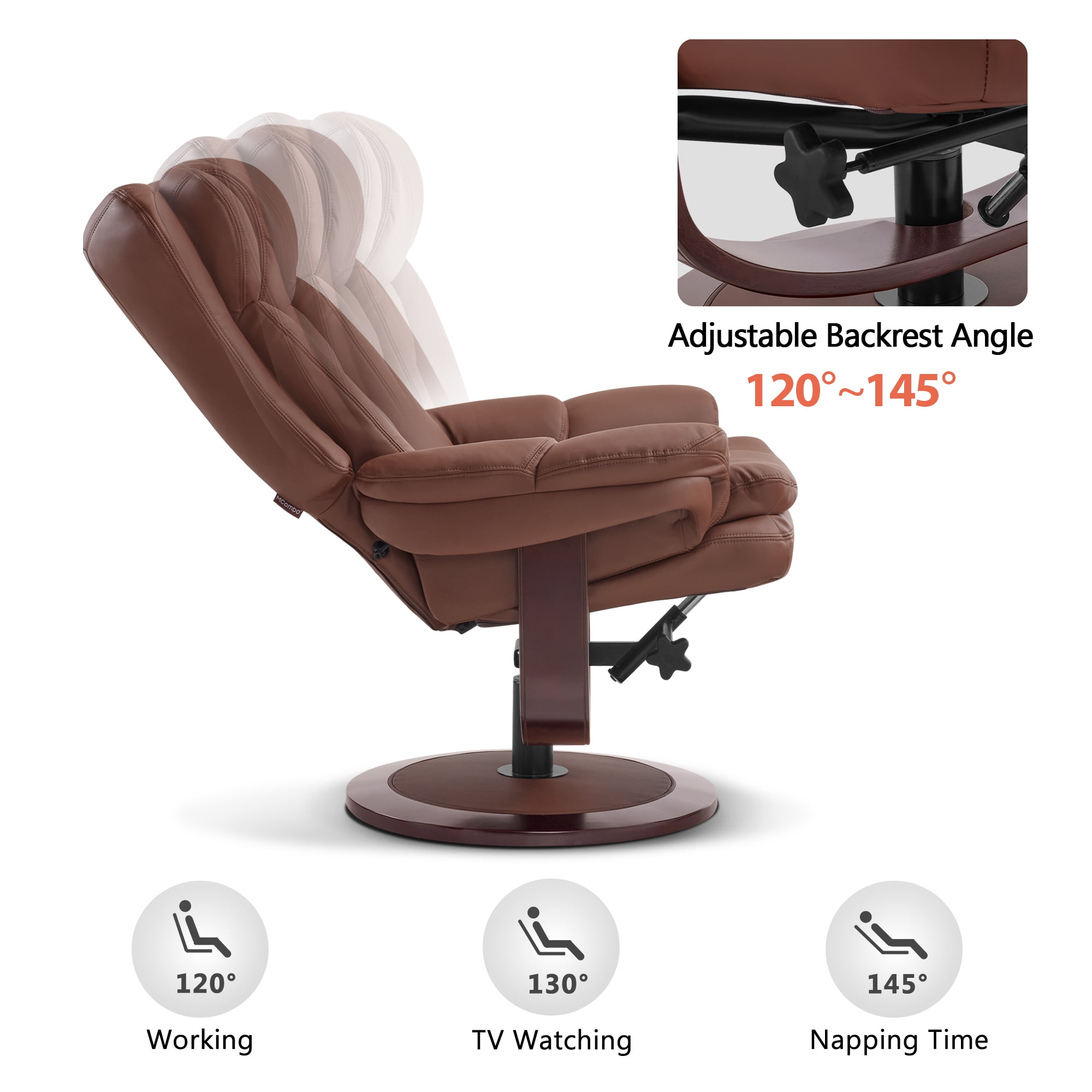 MCombo Swivel Recliner with Ottoman, Reclining Chair with Adjustable Back, Faux Leather Upholstered Lounge Chair for Living Room Bedroom Office 4651（Brown）