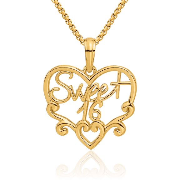 14K Solid Yellow Gold Sweet 16 Years Old Birthday Necklace Chain Pendant Charm