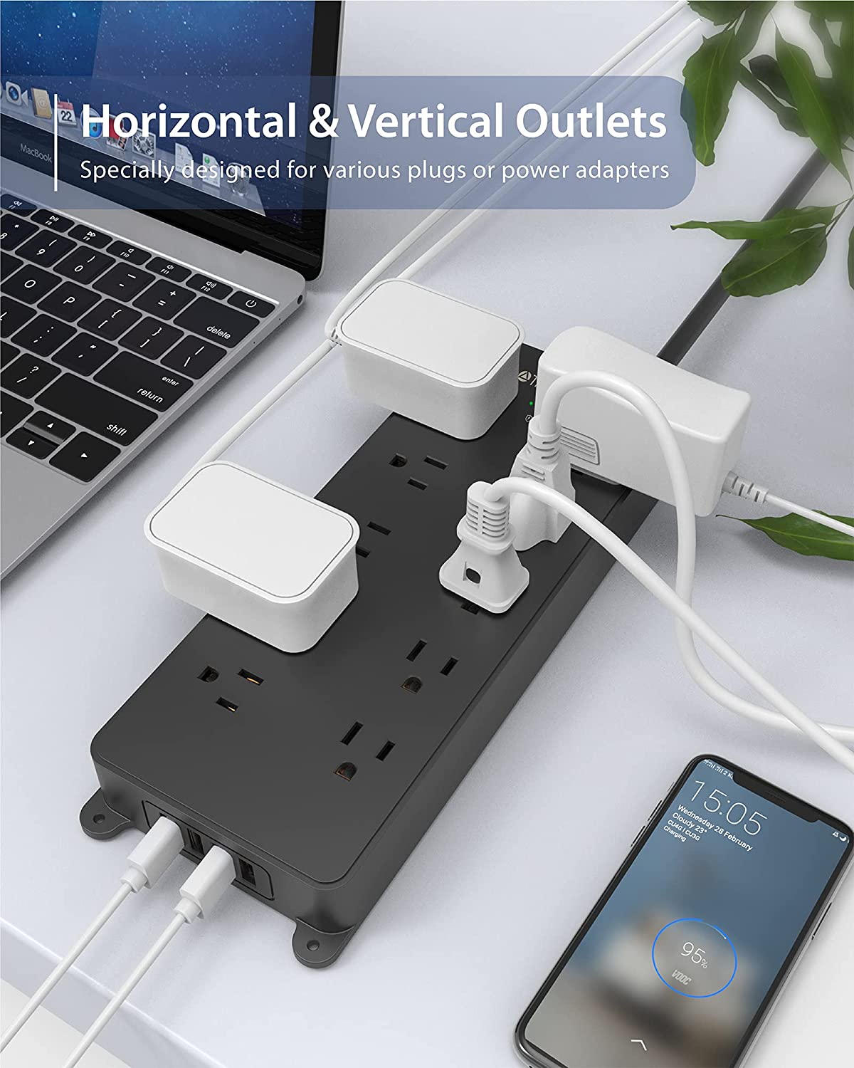 TROND Power Strip Surge Protector, 4000J, ETL Listed, 15A, 10 Widely Spaced Outlets with 4 USB Ports, Flat Plug 5ft Extension Cord, Wall Mountable, 14AWG Heavy Duty, for Home Office Garage, Black