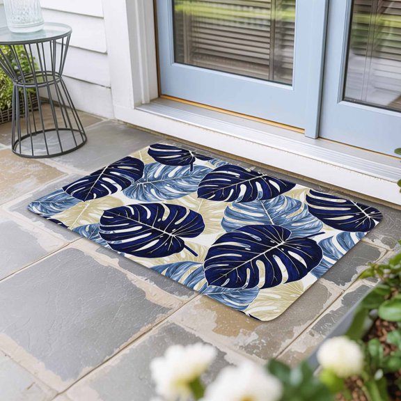 Blue Palm Leaves Door Mat Indoor Outdoor,Farmhouse Summer Beige Tropical Plants Non Slip Welcome Mat with Rubber Backing,Absorbent Fabric Front Door Mats Entryway Rug for Home Patio Entrance 18"x30"