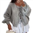 thumbnail image 2 of Suéter Cárdigan con Cordones para Mujer, de Punto Grueso, con Mangas Largas Abullonadas, Chaqueta de Moda para Otoño e Invierno. Gris M, 2 of 6