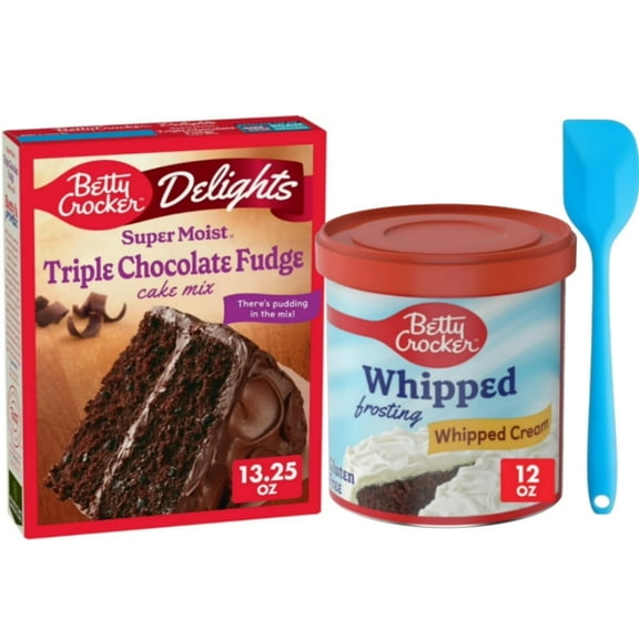Betty Crocker Super Moist Delights Triple Chocolate Cake Mix, 13.25 oz and Gluten-Free Whipped Cream Frosting, 12 oz with Spatula