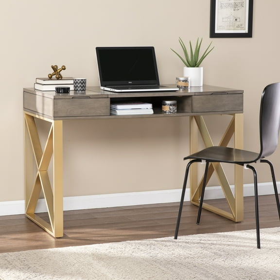 SEI Furniture Bardmont Engineered Wood Two-Tone Desk with Storage in Gray/Gold