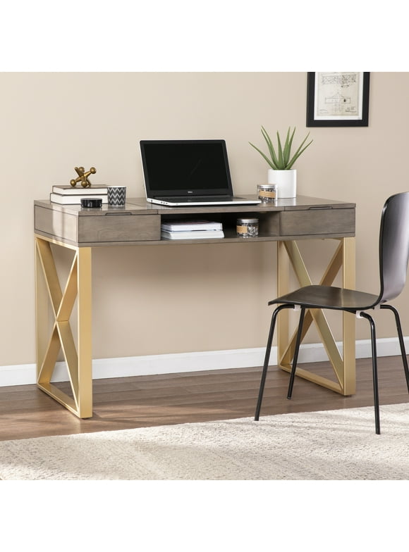 SEI Furniture Bardmont Engineered Wood Two-Tone Desk with Storage in Gray/Gold