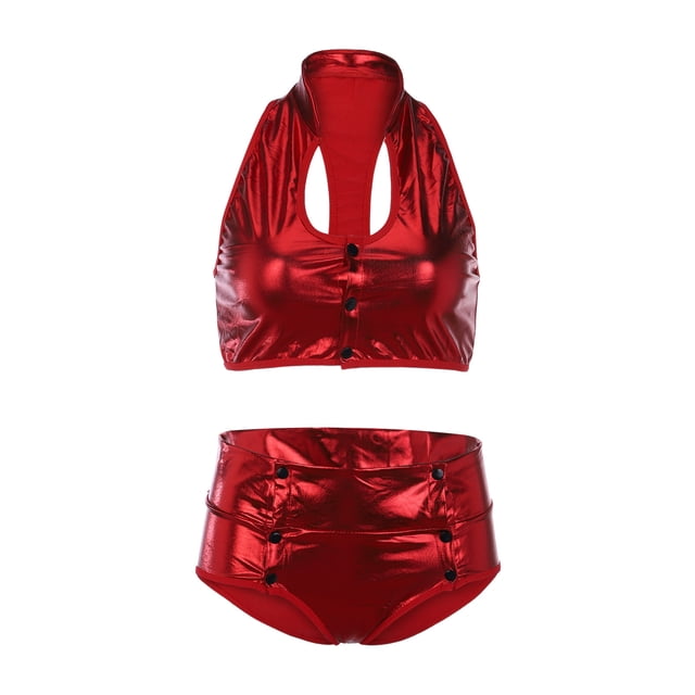 Gibobby Conjunto Lencería Tanga Y Bralette 2 Set Mujeres Clubwear Sexy Charol Ropa interior Vendaje Stripper Pieza íntima(Rojo, CH)