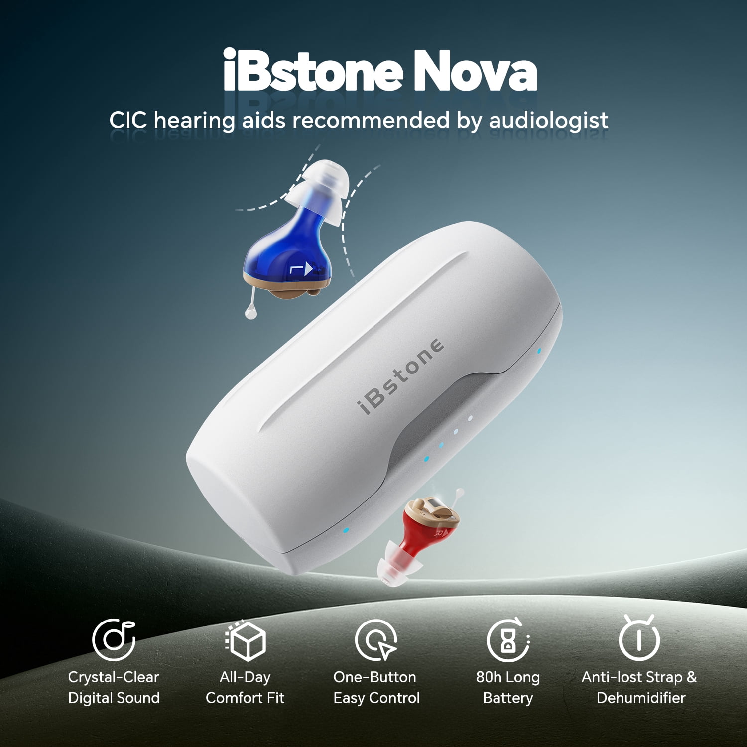 iBstone Nova - Completely in Canal Hearing Aids for Seniors Adults, Rechargeable, OTC, Blue & Red