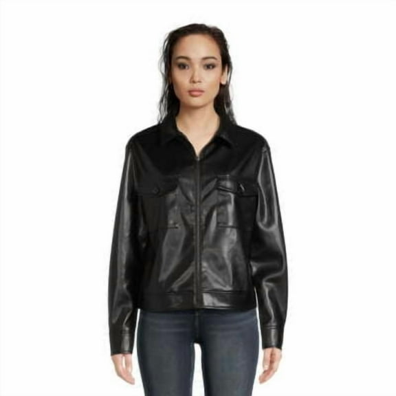 Women's Faux Leather Crop Shacket with Long Sleeves, Size XL Black