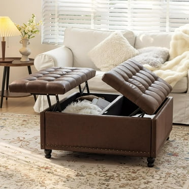 Redlife 35 Inch Large Square Storage Ottoman Bench, Storage Ottoman Coffee Table Large Square Ottoman with Storage Lift Top Tufted Storage Ottoman for Living Room (dark brown)