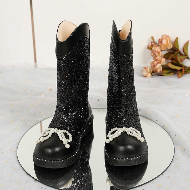CXYYY Black Sparkly Leather Boots for Girls Winter Trendy Bow Mid CXYYY Black Sparkly Leather Boots for Girls Winter Trendy Bow Mid