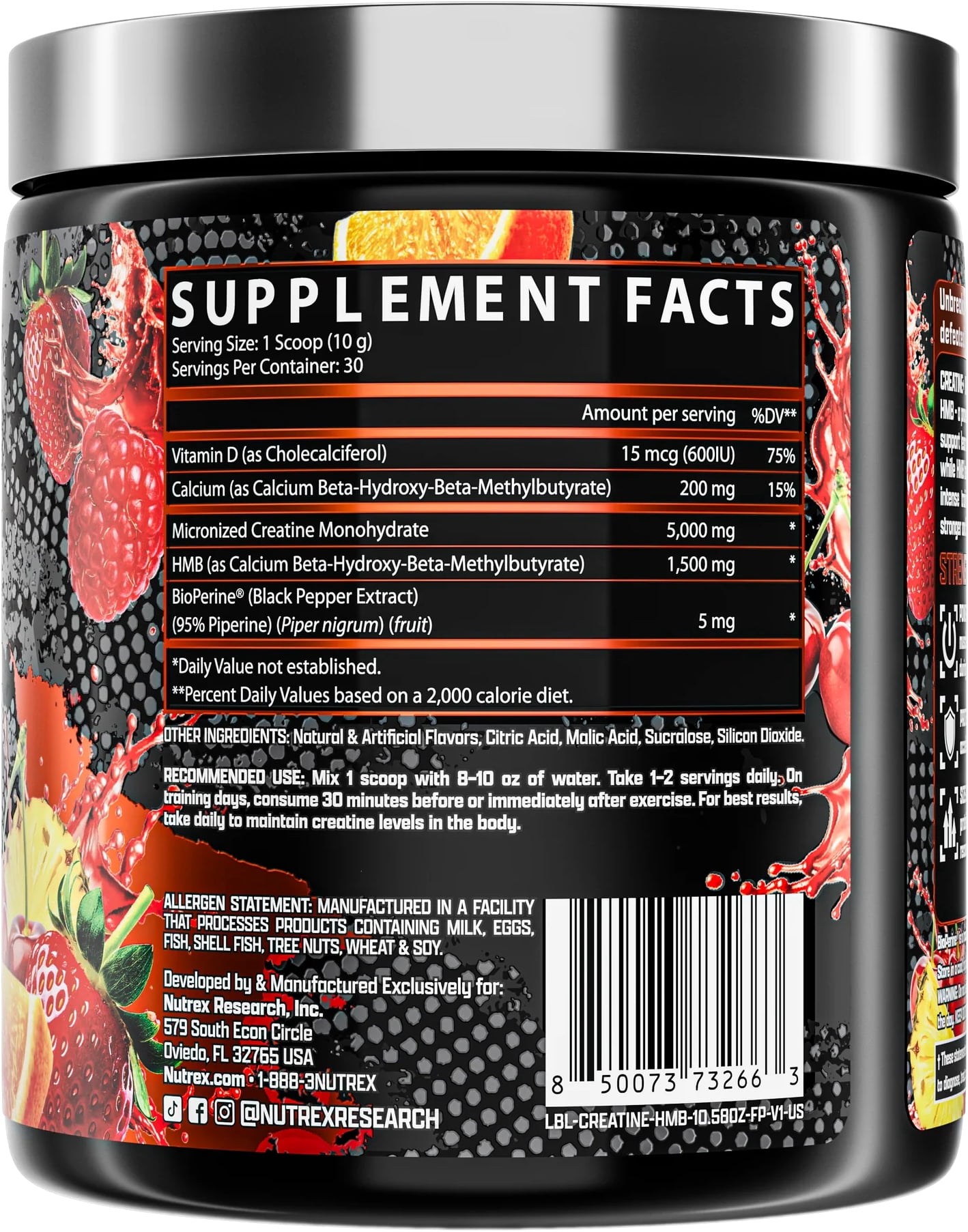 Nutrex Research Creatine + HMB Fruit Punch 5g Creatine, 1.5g HMB Strength and Lean Muscle Formula 30 Servings