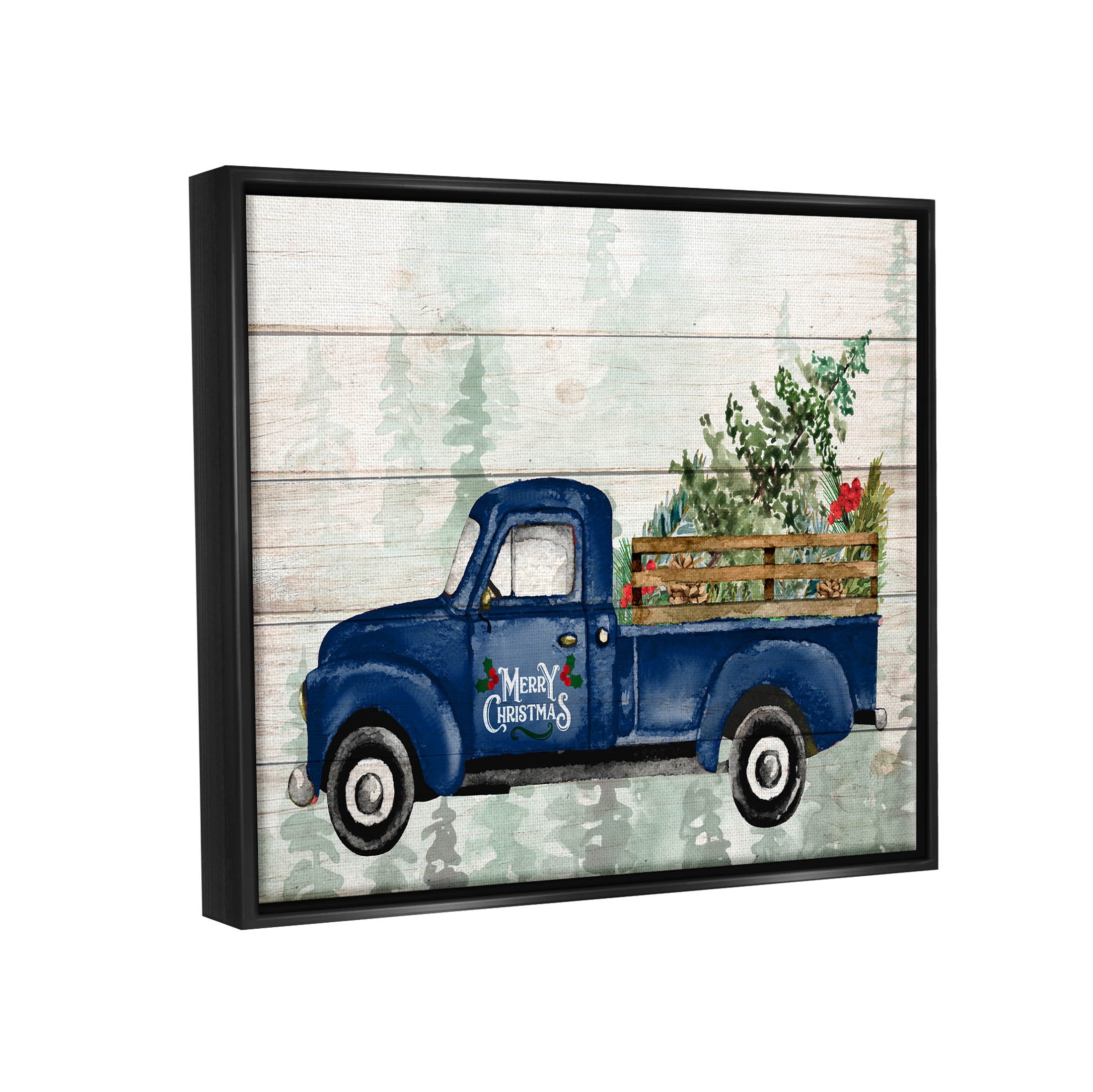 Stupell Industries Merry Christmas Blue Holiday Truck Graphic Art Jet Black Floating Framed Canvas Print Wall Art, Design by Kim Allen