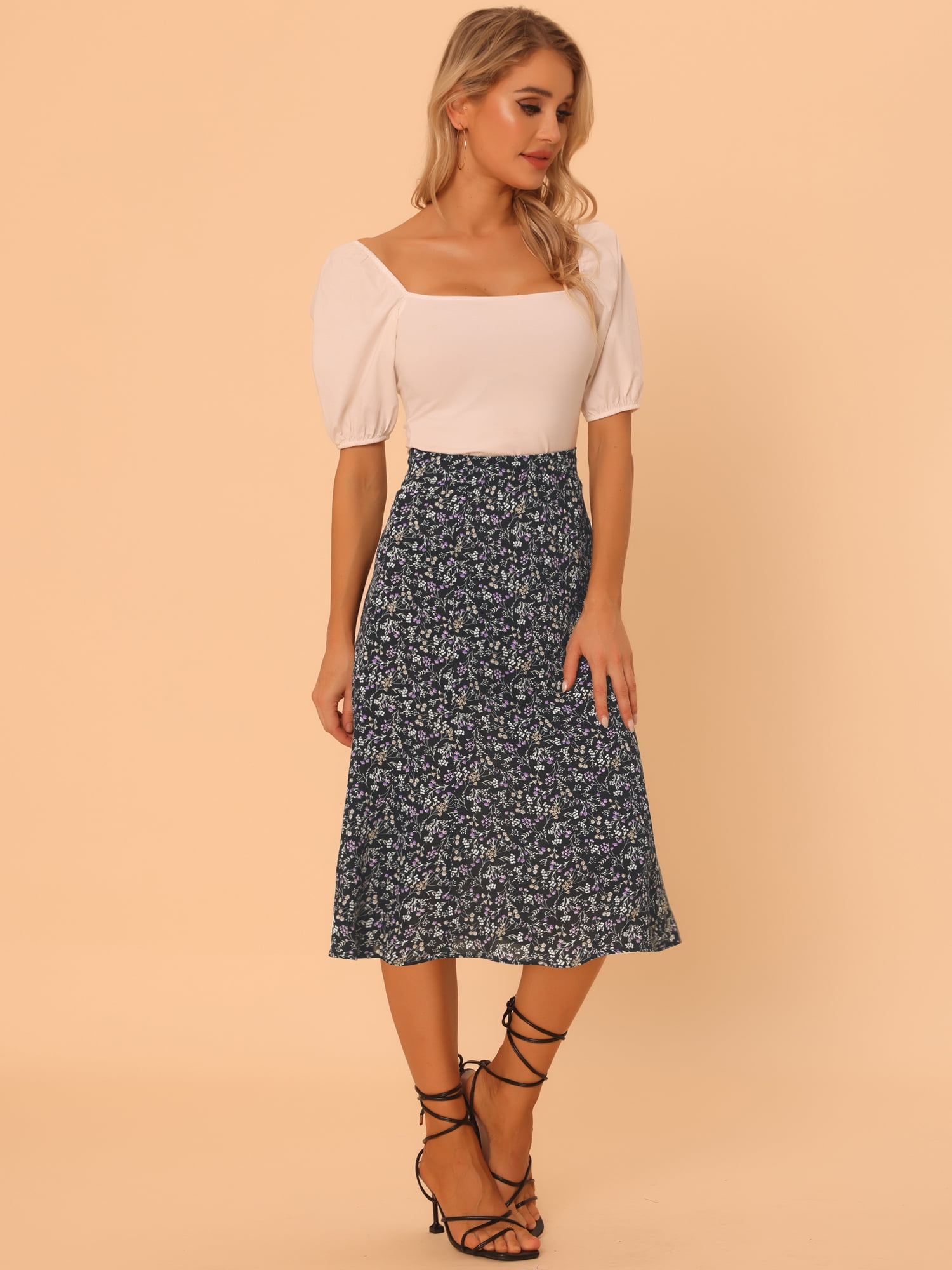 DARING DIVA Women's Elastic Waist A-Line Floral Print Midi Skirt L Black Purple