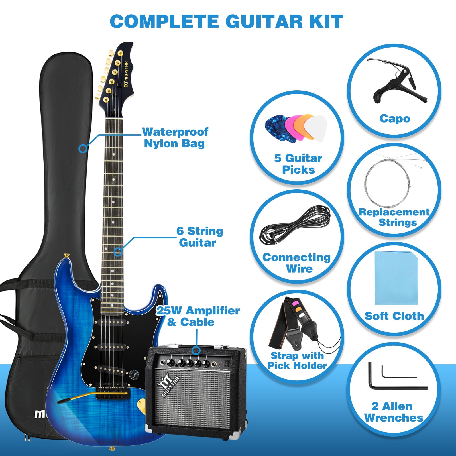 Full Size 39 Inch Electric Guitar Kit Solid Wood for Beginner with 25W Amplifier Gig Bag,Capo,Strap,Cable,Picks(Blue)