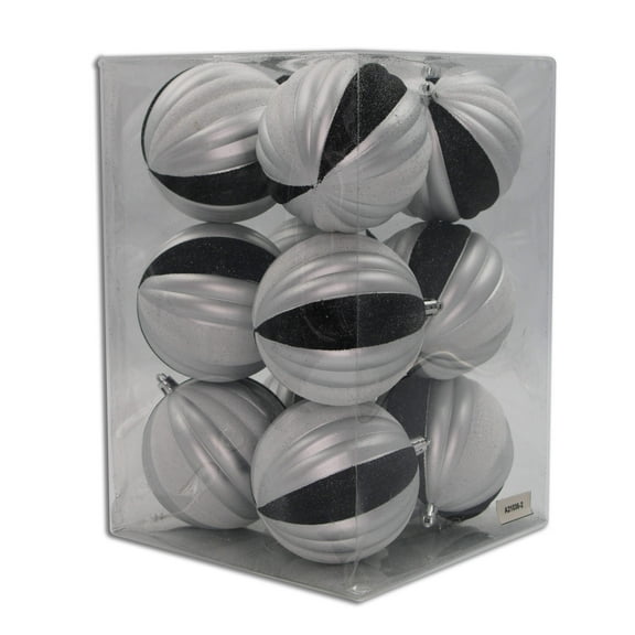 12 Pack Black, White and Silver Assorted Ball Ornaments