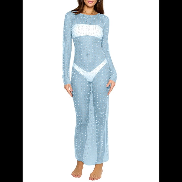 Vestido de Transparente con Perlas y Diamantes de Imitación para Mujer. Traje de Baño Tipo Bikini. Azul XL