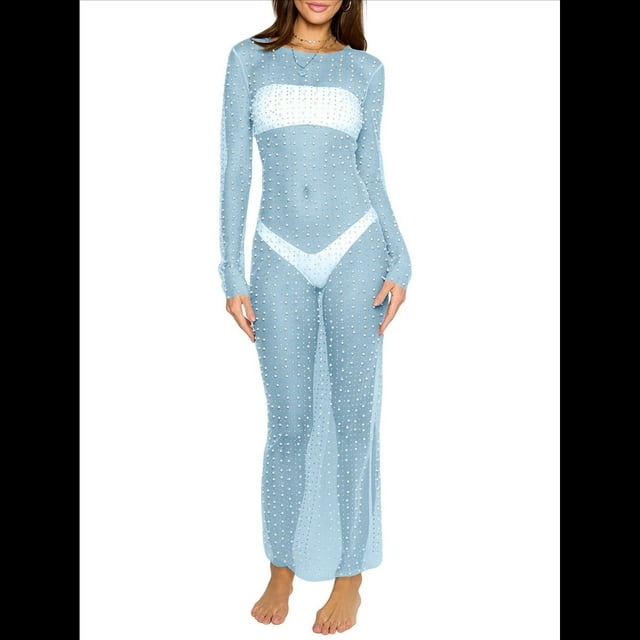 Vestido de Transparente con Perlas y Diamantes de Imitación para Mujer. Traje de Baño Tipo Bikini. Azul S