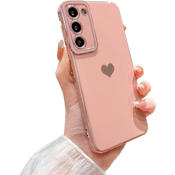 Samsung Galaxy S21 FE 5g 6.4" Phone Case Luxury Electroplate Cute Side Love Heart Pattern for Women Full Camera Protection Soft Silicone Anti-Fingerprint Shockproof Cover Bumper (Pink)