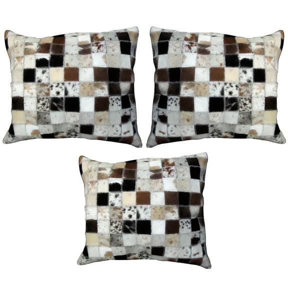 Hilason Set Of 3 Cowhide Leather Hair-On Patchwork Cushion Pillow Cover 16 X 16