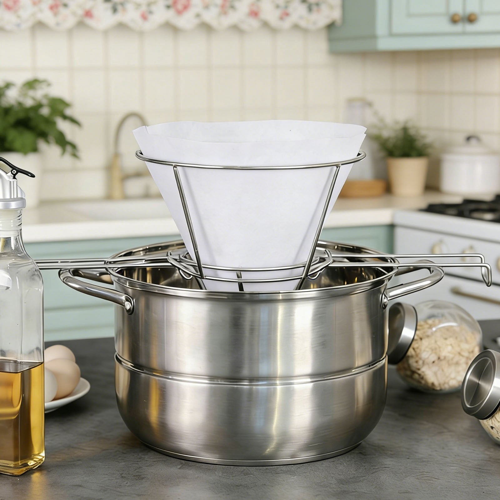 Oil Filter Stand for Deep Fryers and Maple Syrup, 304 Stainless Steel Fryer Oil Strainer with Fine Mesh, Foldable Arms Fit Various Pots, Reusable and Dishwasher Safe