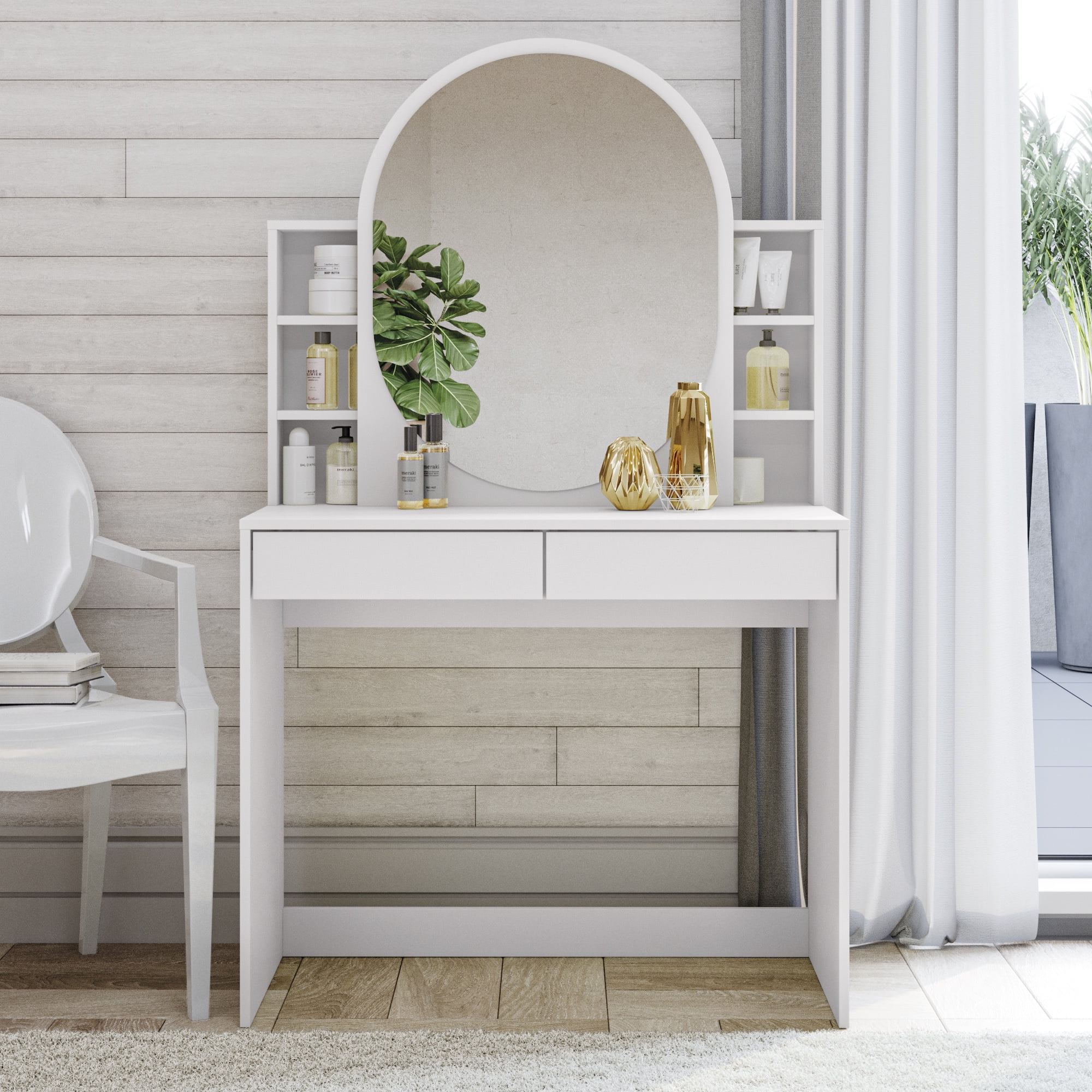 Mariana 2 Drawer Vanity table, Large Mirror & Storage Niches, in White
