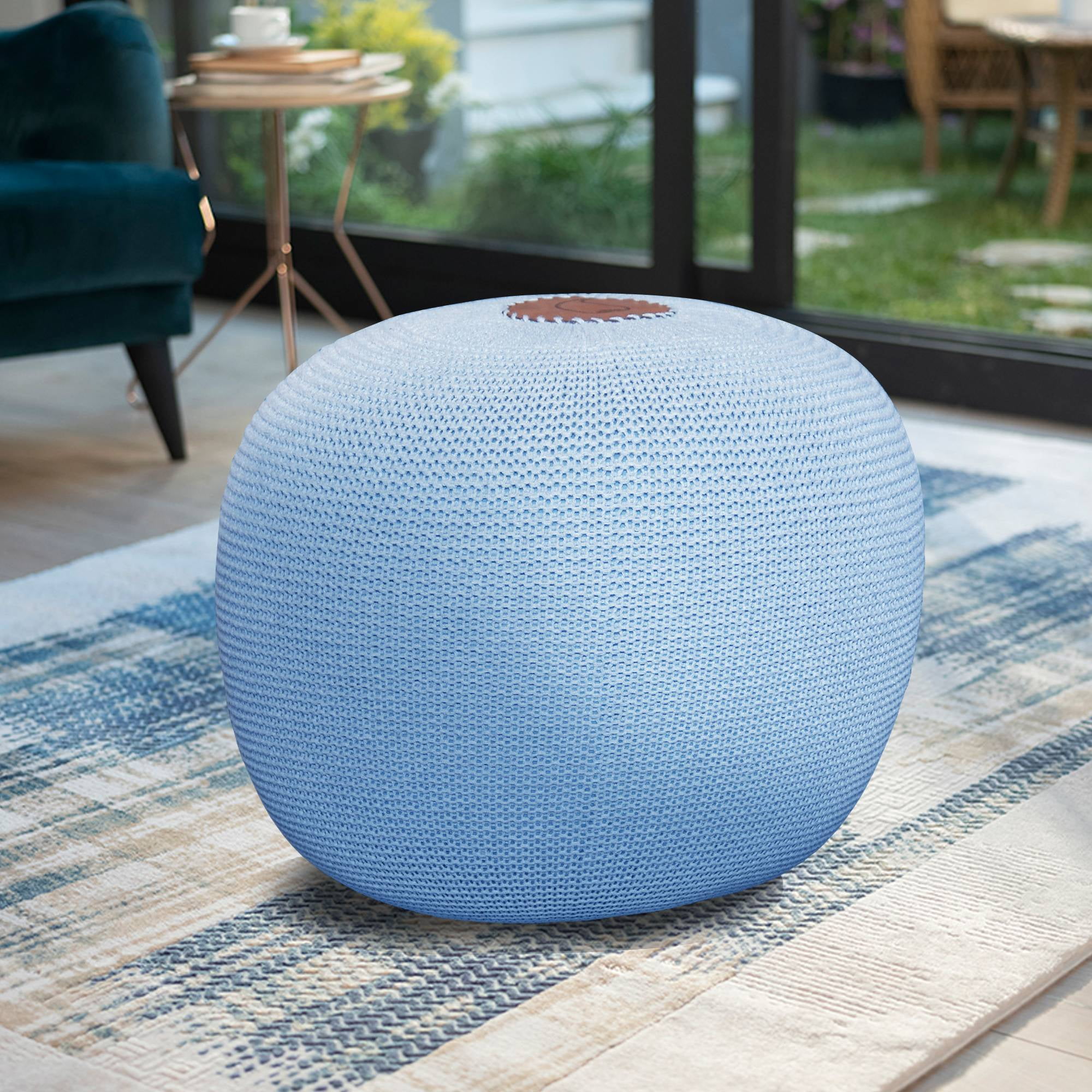 Aqua Blue Pouf Ottoman Poufs for Living Room Floor Pouf Pouffe Ottoman Puf Poof for Bedroom and Kids Room 18 x 16 Knit Pouf Pouf Chair Circle