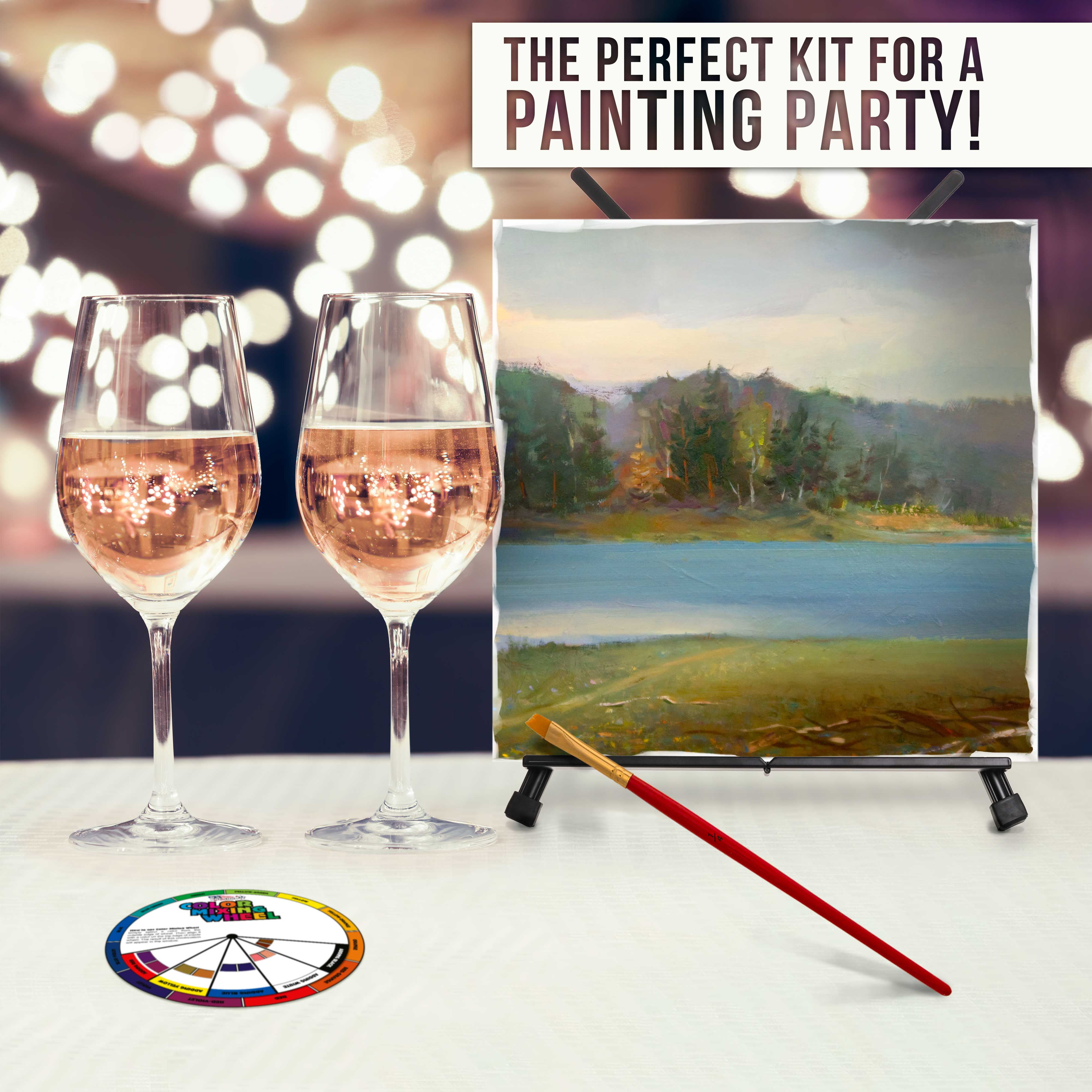 U.S. Art Supply 6-Person Wine Sip and Kids Art Painting Party Kit - 6 Easels, 12 Color Acrylic Paint Set, 12 Canvas Panels, 6 Brush Sets, 6 Painting Palettes, 6 Artist Aprons, Enjoy Fun Birthday Party