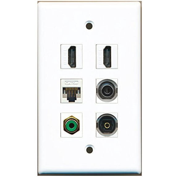 RiteAV - 2 HDMI 1 Port RCA Green 1 Port Toslink 1 Port 3.5mm 1 Port Cat5e Ethernet White Wall Plate