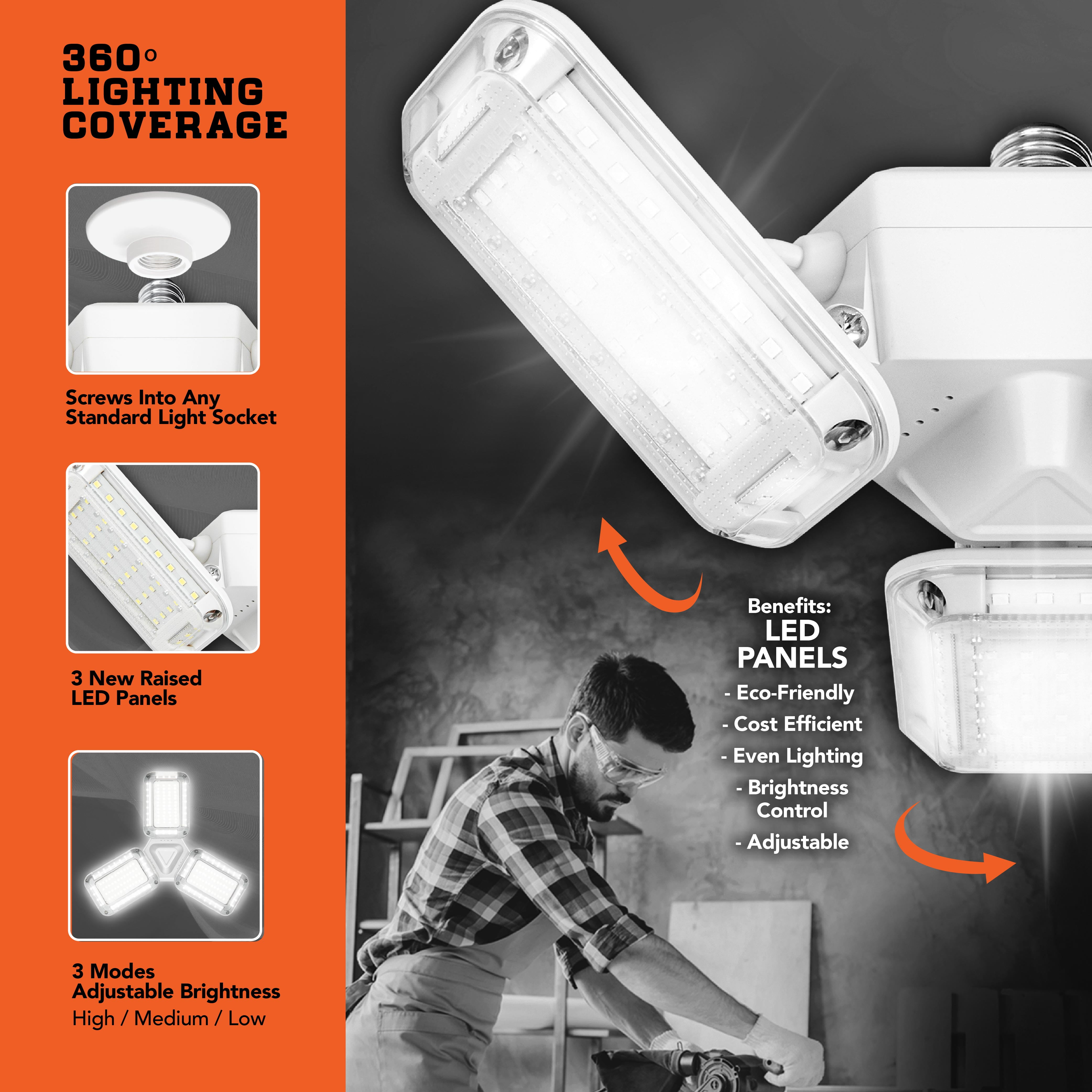 Bell+Howell TriBurst Shop Light Pro 5500 Lumens 360 degrees coverage, 288 Super Bright LEDs, Garage Light Ceiling LED Work Light, Adjustable Triple Panel for Indoor, Bedroom, Fits Standard Sockets