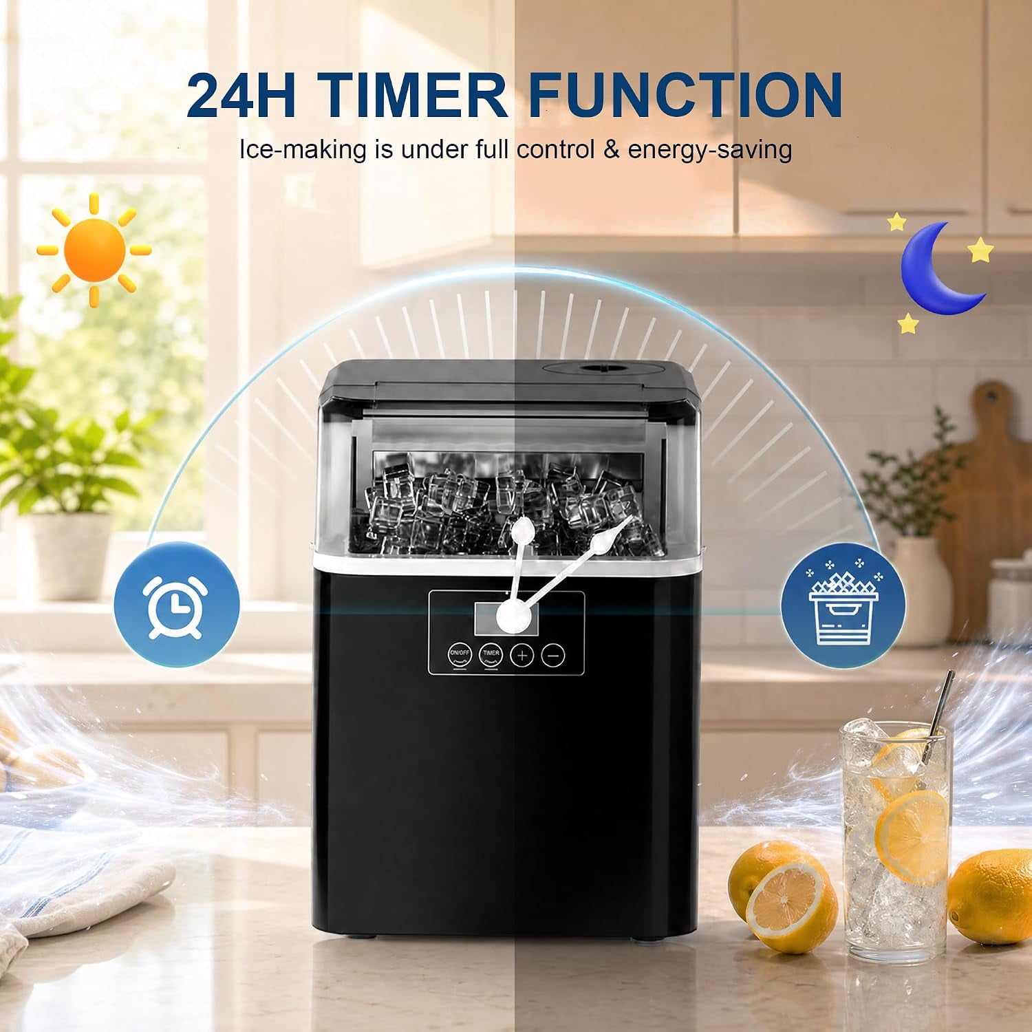 Countertop Square Ice Cube Maker Machine 45lbs/Day, 24 Cubes Per Cycle 6-13 Mins Fast Ice, Timer Auto Self Clean Manual & Auto Water Connect for Home Bar Office