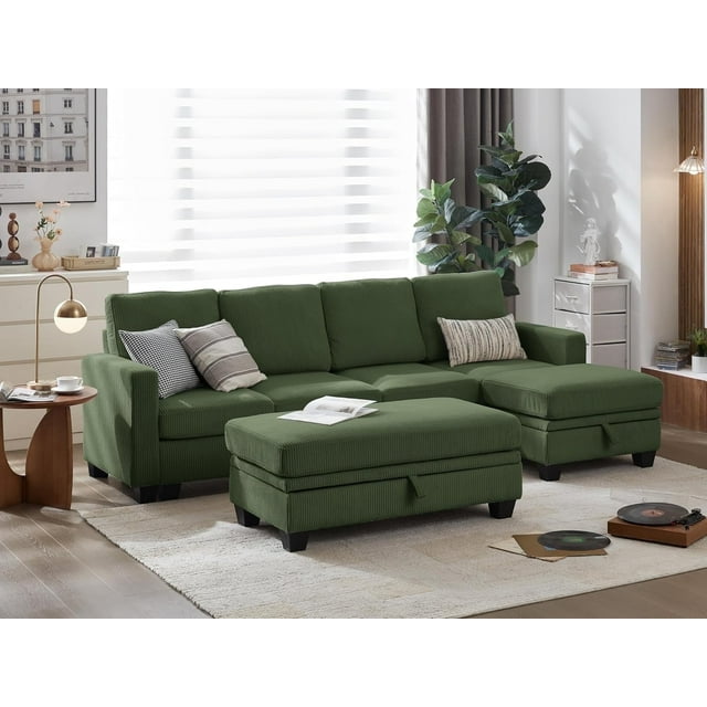 CHIC HOUSE Canapé Sectionnel 101 Pouces avec Ottoman de Rangement, Canapé en Velours Côtelé en Forme de L/U Convertible pour Salon, Canapé Modulaire d'Angle 7 Places avec Coussins Profonds, Vert