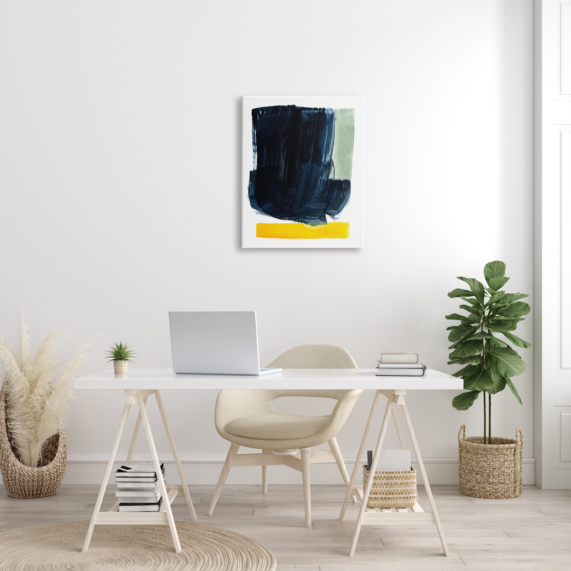 Stupell Industries Modern Blue Field Abstraction Contrasting Yellow Green Abstract Painting Gallery Wrapped Canvas Print Wall Art, 24 x 30