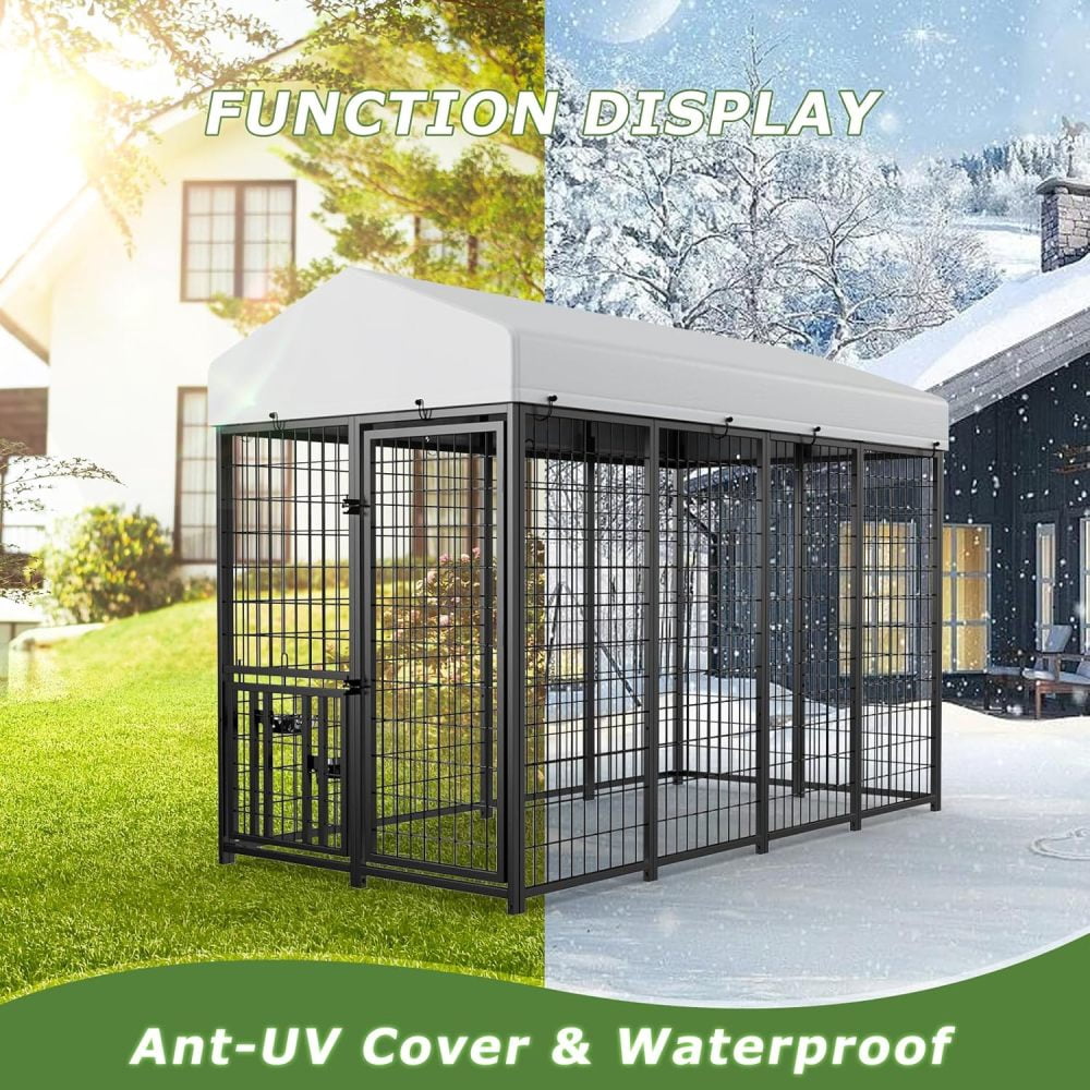 Large Outdoor Dog Kennel with Rotatable Feeder, Waterproof Roof & Raised Legs - Stainless Steel